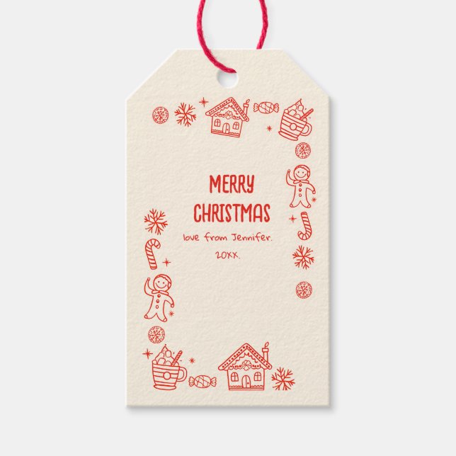 Photo Hand plockade Red Doodle Whimsical jul Presentetikett (Framsidan)