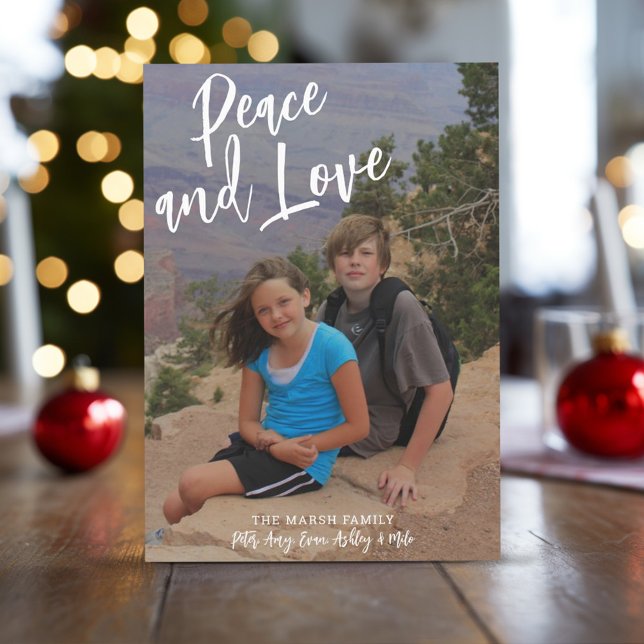 Photo Handskriftlig jul Guld Play Peace Kärlek Julkort (Rustic Modern Christmas Card with 1 large photo)