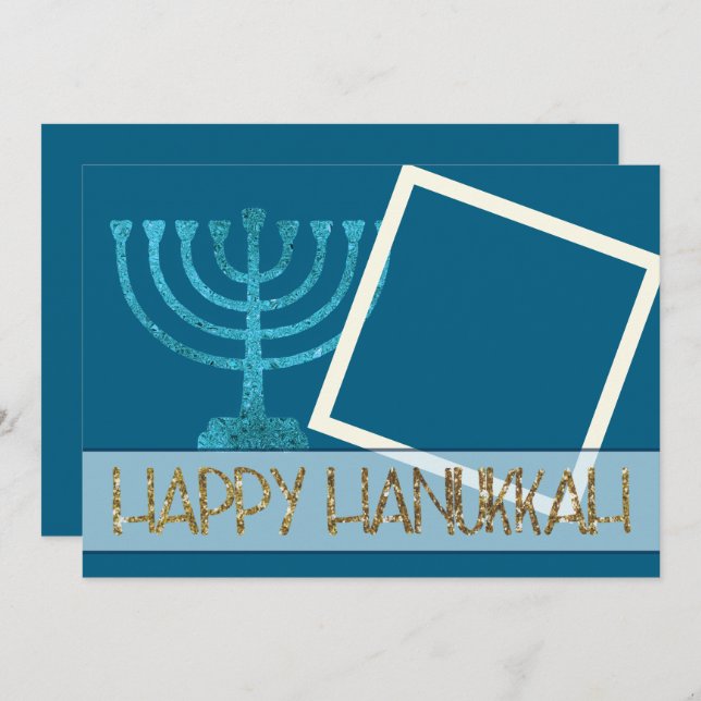 Photo Hanukkah Blue White Guld Menorah Glitter Julkort (Fram/baksida)