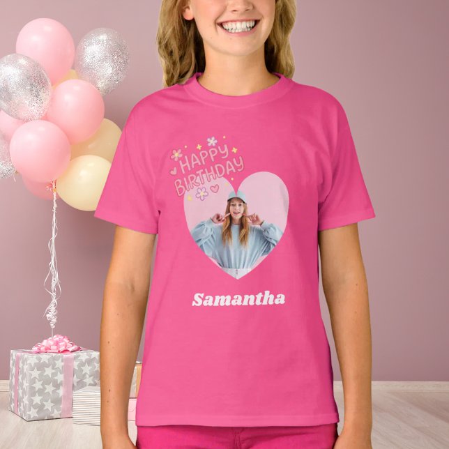 Photo heart name birthday girl pink t shirt (Skapare uppladdad)