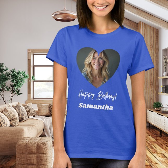 Photo heart name birthday woman blue t shirt (Skapare uppladdad)