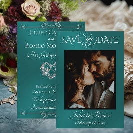 Photo & Heart Save the Date on Teal Spara Datumet