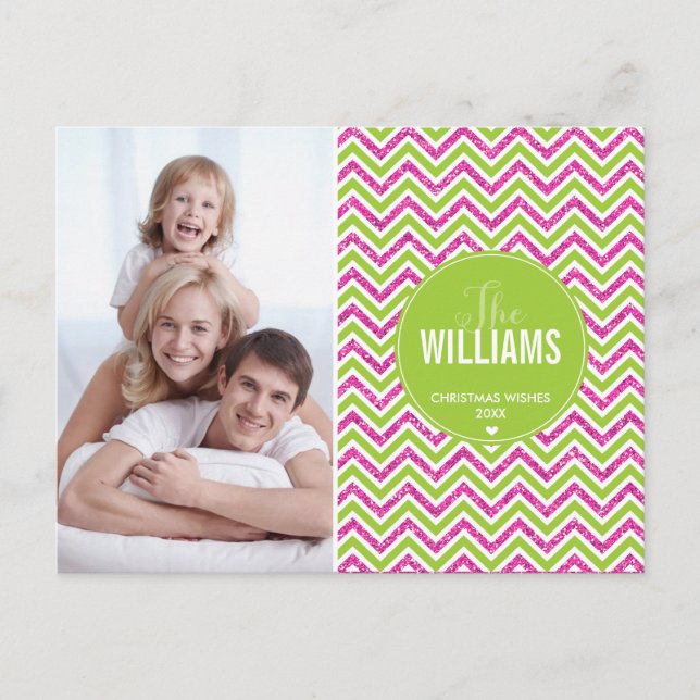 PHOTO HELGDAG CARD chevron glitter rosa lime green Helg Vykort (Framsida)