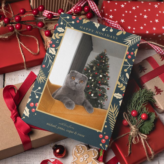 PHOTO HELGDAG | Golden jul Holly & Berries Julkort (Skapare uppladdad)