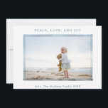 PHOTO HOLIDAY CARD | Coastal Beach Peace Love Joy Julkort<br><div class="desc">Just personalize this modern and elegant coastal inspired blue watercolor frame on a simple white background with your name and greeting, and you have your own customized family photo Christmas, Hanukkah, New Year, or birth announcement holiday card! Watch your photo magically blend into the elegant watercolor frame! Warm Holiday Wishes...</div>