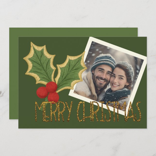 Photo Holly Berries Embroidery jul Julkort (Fram/baksida)