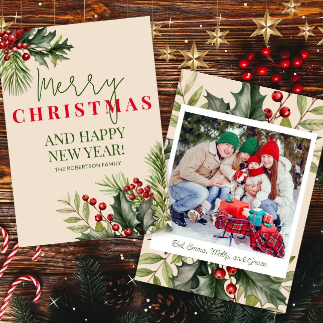 Photo Holly Gräs Red Berries Beige julkort Inbjudningar (Skapare uppladdad)