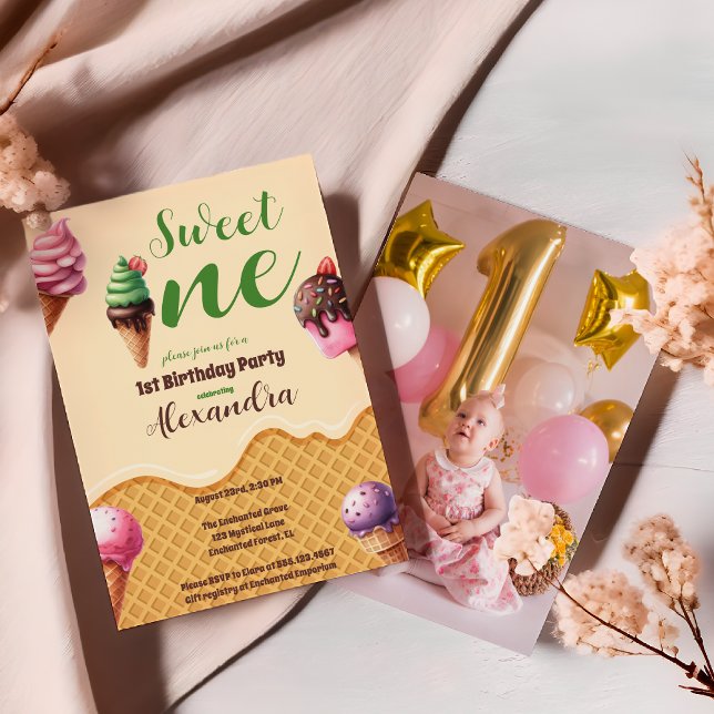Photo Ice Cream Sweet One First Birthday Inbjudningar (Skapare uppladdad)