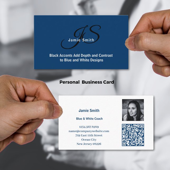 Photo & Initialer Blue and White Personal Visitkort (Photo & Initials Blue and White Personal Business Card, QR code)