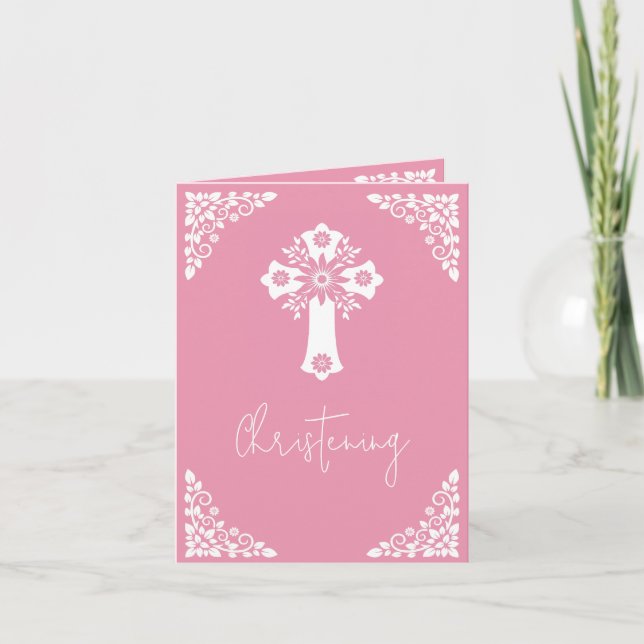 Photo Invitation For Christening Cross Rose Pink Helgkort (Framsida)