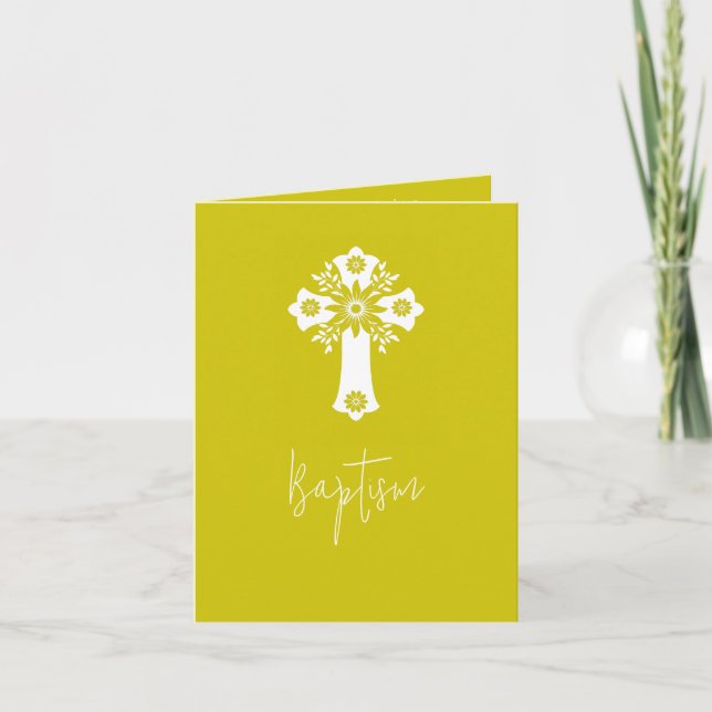 Photo Invitation Simple Baptism Cross Yellow Helgkort (Framsida)