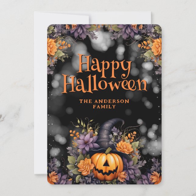 Photo Jack O'Lantern Hat Blommigt Halloween Card Julkort (Framsida)