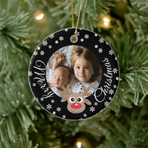 Photo jul Black Cute Reindeer White Script Julgransprydnad Keramik