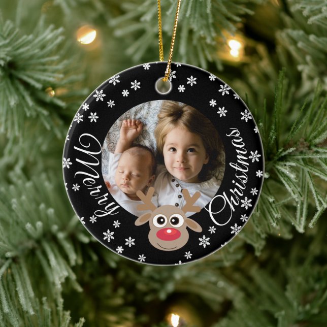 Photo jul Black Cute Reindeer White Script Julgransprydnad Keramik (Träd)