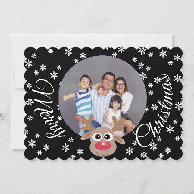 Photo jul Black White Script Cute Reindeer Julkort (Framsida)