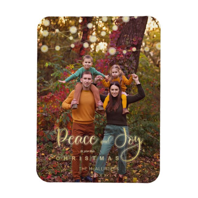 Photo jul Ljus Peace Joy Whimsical Script Magnet (Vertikal)