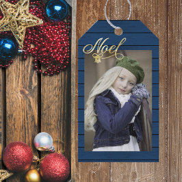 Photo jul Noel Blue Wood Presentetikett