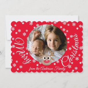 Photo jul Red Cute Reindeer White Script Julkort