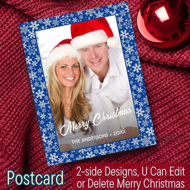 Photo jul Snowflake Elegant Script Blue Helg Vykort (Skapare uppladdad)