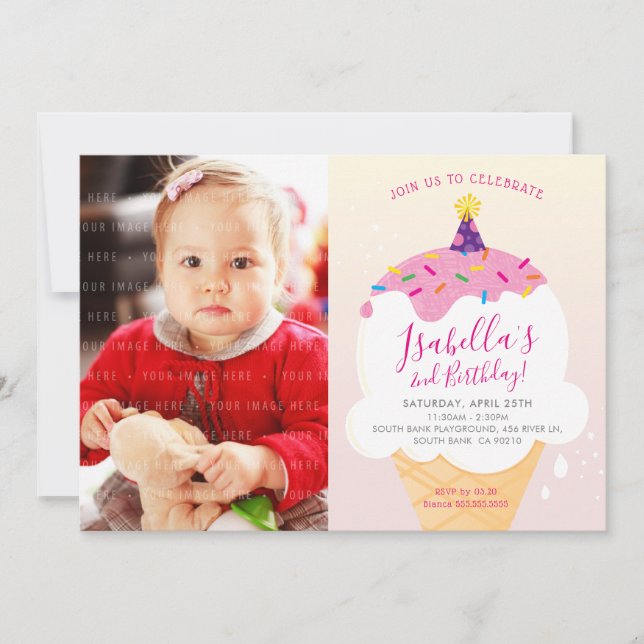 PHOTO KIDS PARTY INBJUDAN retro glass rosa (Framsida)