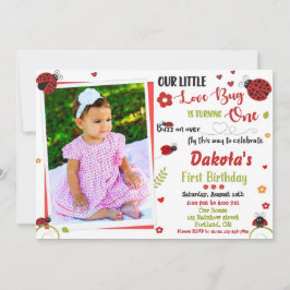Photo Ladybug 1:a födelsedagsinbjudan Girl kärlek Inbjudningar