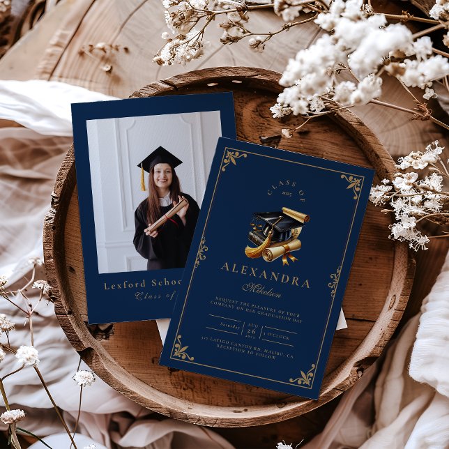 Photo Law School Studenten Modern Navy Blue Guld Inbjudningar (Skapare uppladdad)