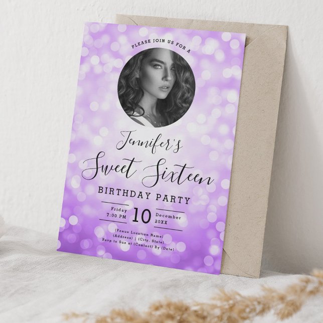 PHOTO Lila Bokeh Ljus Sweet 16 Party Inbjudningar (PHOTO Purple Bokeh Lights Sweet 16 Party Invitation)