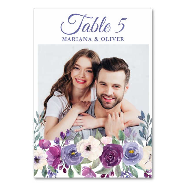 Photo Lila Fuchsia Burgundy Blommigt Bröllop Bordsnummer (Framsidan)