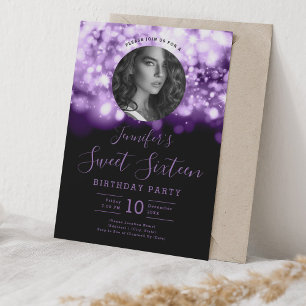 PHOTO Lila Hollywood Ljus Sweet 16 Party Inbjudningar