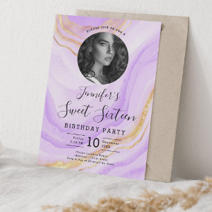 PHOTO Lila Marble Glitter Sweet 16 Party Inbjudningar
