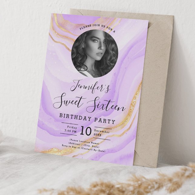 PHOTO Lila Marble Glitter Sweet 16 Party Inbjudningar (PHOTO Purple Marble Glitter Sweet 16 Party Invitation)
