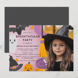 Photo Lila Orange Cute Halloween Barns födelsedag Inbjudningar