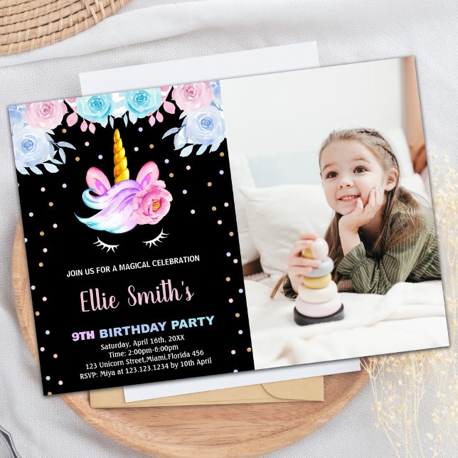 Photo Lila Rainbow Rosa Unicorn Birthday Inbjudningar (Photo Purple Rainbow Pink Unicorn Birthday Invitation)