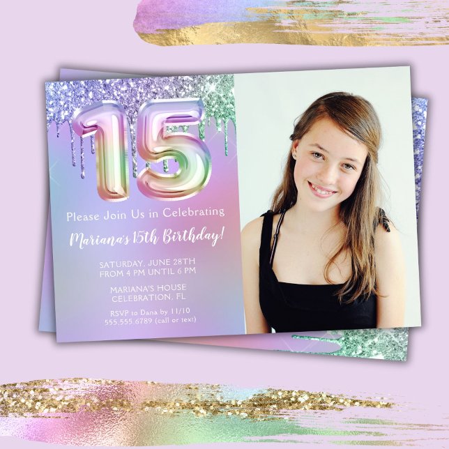 Photo Lila Rosa Glitter 15:e Födelsedagsfesten Inbjudningar (Skapare uppladdad)