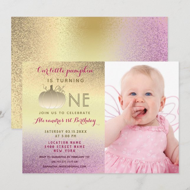 Photo Little Pumpkin 1:a födelsedag, Rosa och Guld Inbjudningar (Fram/baksida)