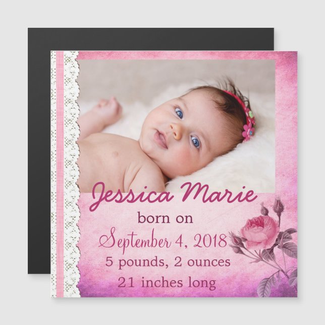Photo Magnet Baby Birth Announcement Flicka (Fram/baksida)