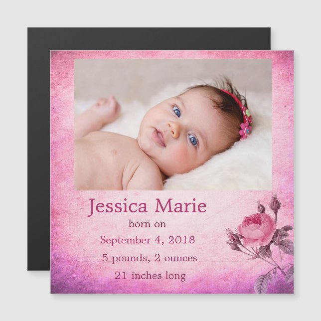 Photo Magnet Baby Birth Announcement Flicka (Fram/baksida)