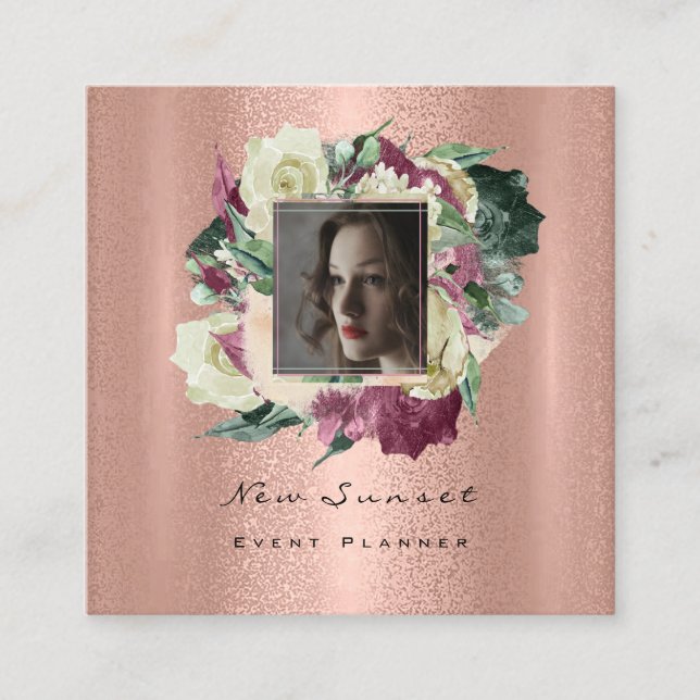 Photo Makeup Artist Bröllop Event Blommigt Ro Guld Fyrkantigt Visitkort (Framsida)