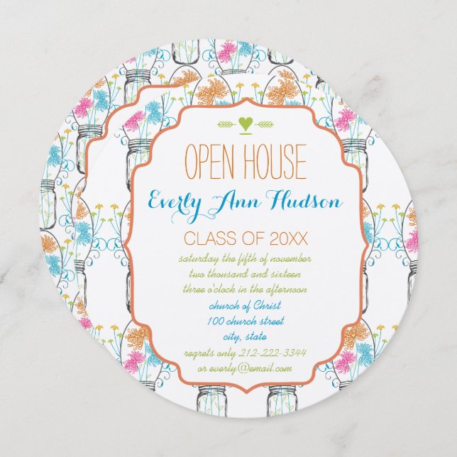 Photo Mason Burk Rosa Coral Aqua Blommigt Studente Inbjudningar (Fram/baksida)