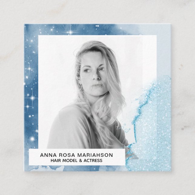 *~* PHOTO med blå vakttolor eller hårmodellsskådes Fyrkantigt Visitkort (Framsida)