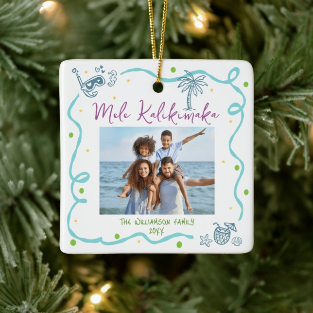 Photo Mele Kalikimaka Blue Purple Doodle Christmas Julgransprydnad Keramik (Träd)