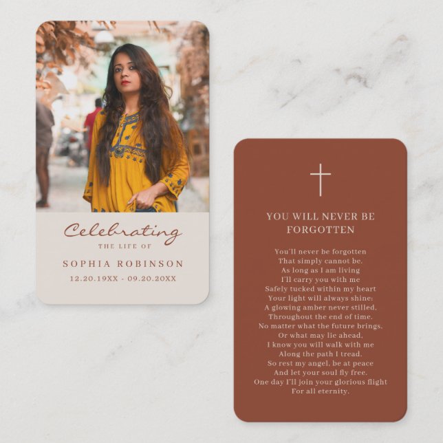 Photo Memorial Cream Terracotta Prayer Card Visitkort (Fram/baksida)