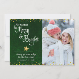 Photo Merry Bright Script Grönt Guld Glitter Star Julkort