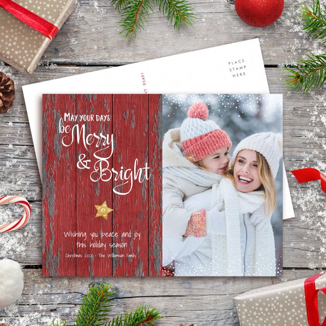 Photo Merry Bright Script Star Red Rustic Wood Helg Vykort (Skapare uppladdad)