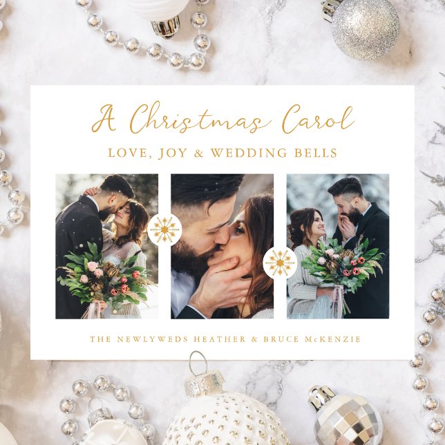 Photo Minimal Snowflakes Newlyweds First Christmas Julkort (Minimalist Snowflakes Newlyweds First Christmas 3 Photos Collage In Faux Gold Holiday Card.)