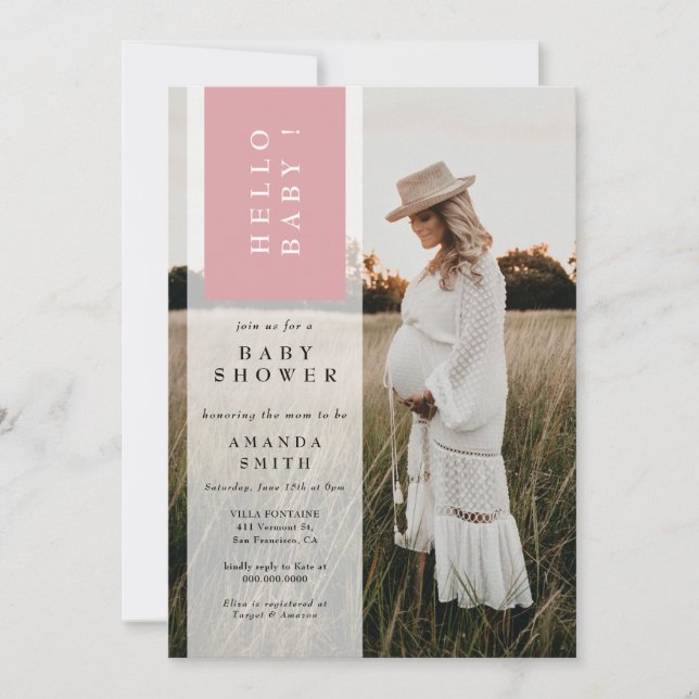 Photo Minimalist Rosa Girl Hej Baby Shower Inbjudningar (Framsida)