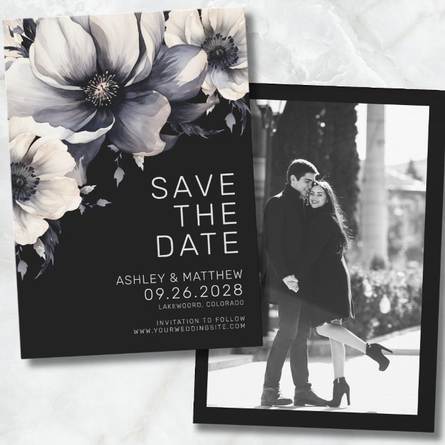 Photo Modern Black Blommigt Bröllop Spara Datumet (Photo Chic Modern Elegant Black Floral Wedding Save The Date)