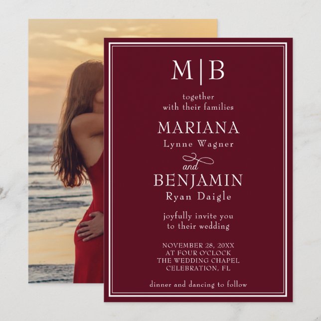 Photo Modern Gräns-minimalistisk Burgundy Bröllop Inbjudningar (Fram/baksida)