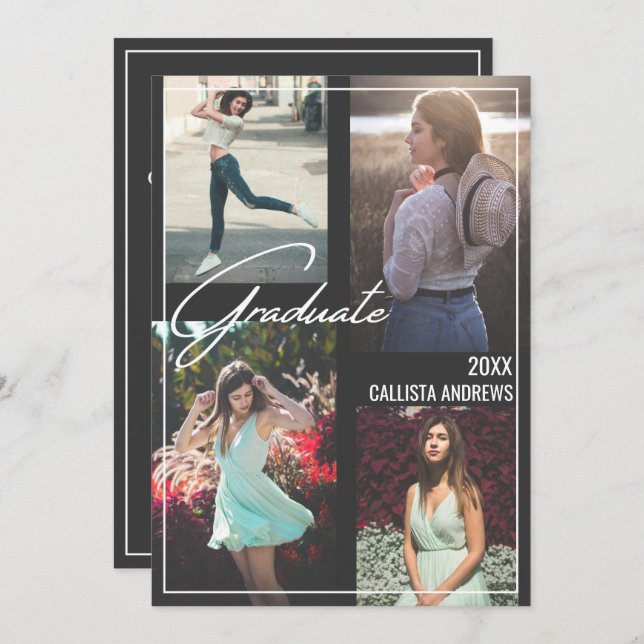 Photo Modern Simple Black White Framework Studente Inbjudningar (Fram/baksida)