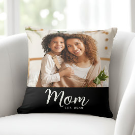 Photo Mom Established Date White Script on Black Kudde